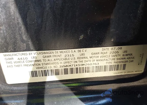 2009 Volkswagen Jetta 2.5L S из США, поврежденный, VIN 3VWKM71K59M260763